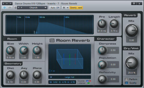 - Room Reverb basiert auf virtuellen Raummodellen´und bietet viele Einstellmöglichkeiten -