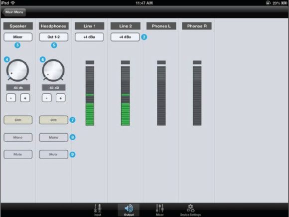 Das Controlpanel für den Ausgang auf dem iPad