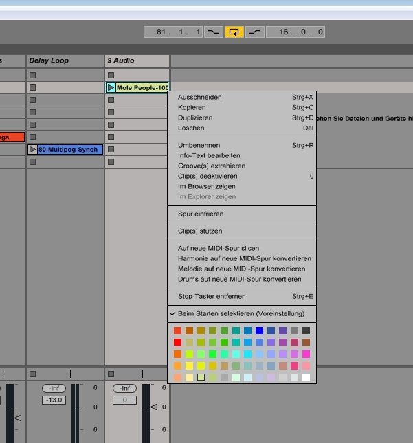 Audio-to-MIDI: Auswahl der Funktion im Kontextmenü