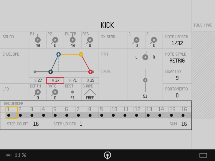 OP-Z iOS App, Audio-Track: Track-Länge, STep-Länge, Step-Zähler (Count)