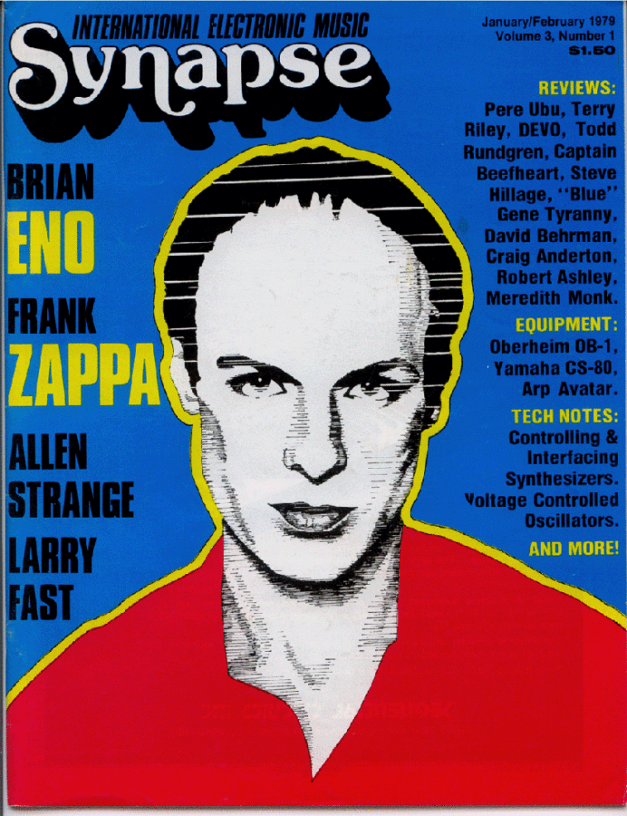 Brian Eno auf dem Cover von Synapse, einer auf elektronische Musik spezialisierten Zeitschrift. Die Ausgabe ist vo 1979, spiegelt also das Aussehen von Eno während der Arbeit an "Heroes" ganz gut wieder.