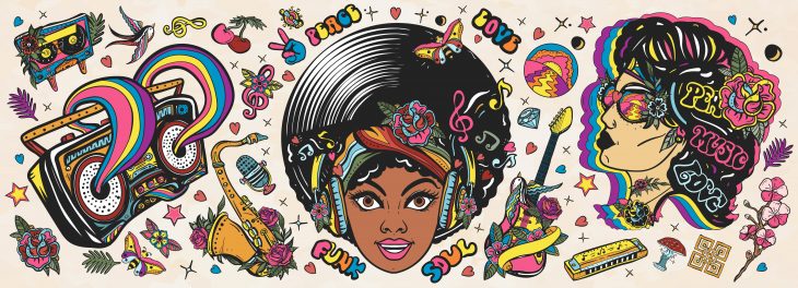 Funk music. Old school tattoo vector collection. African American young funky woman. Soul party hippie girl, saxophone, guitar and retro rainbow boom box. Traditional musical tattooing style