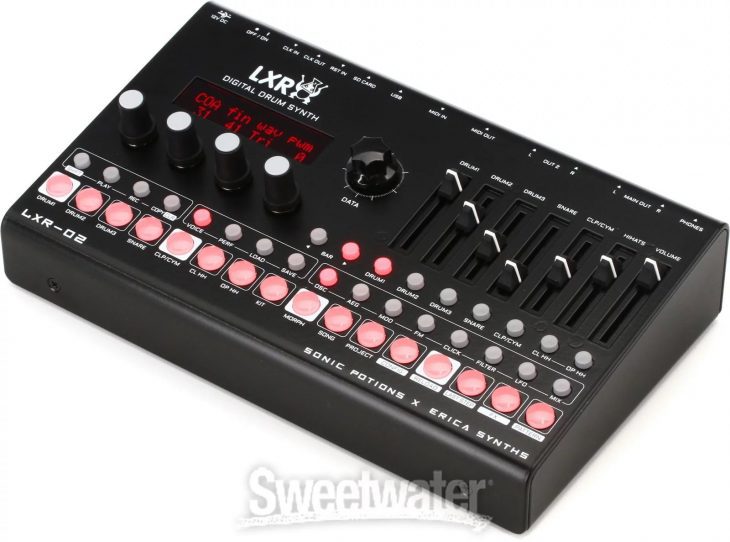 Sonic Potions x Erica Synths LXR-02, Digital Drum Machine angle