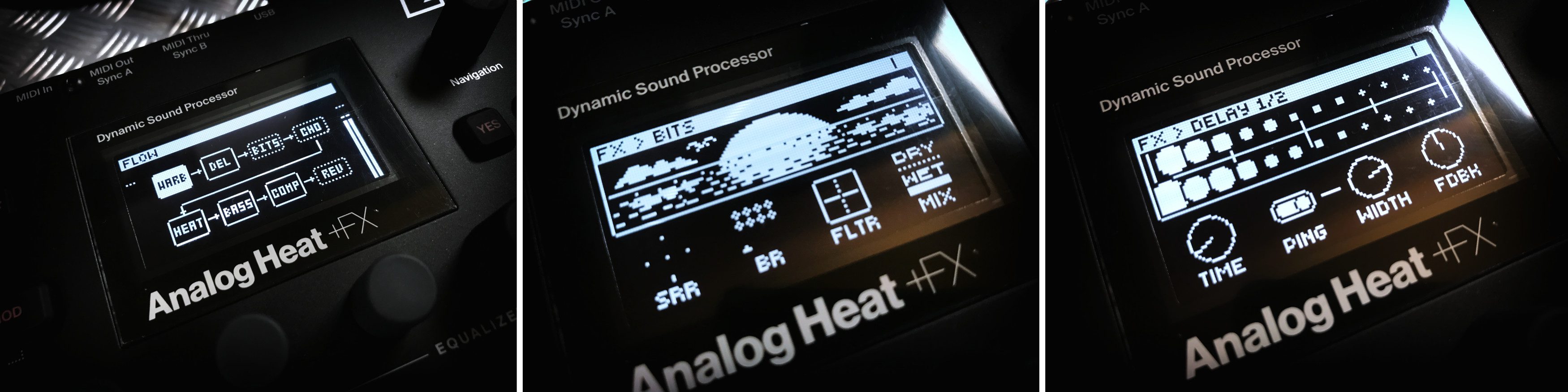 Drei Ansichtne des Analog Heat +FX Bildschirms
