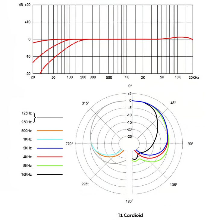 sE Electronics T1 Kondensatormikrofon Frequenzgang Diagramm und Polar-Pattern Diagramm