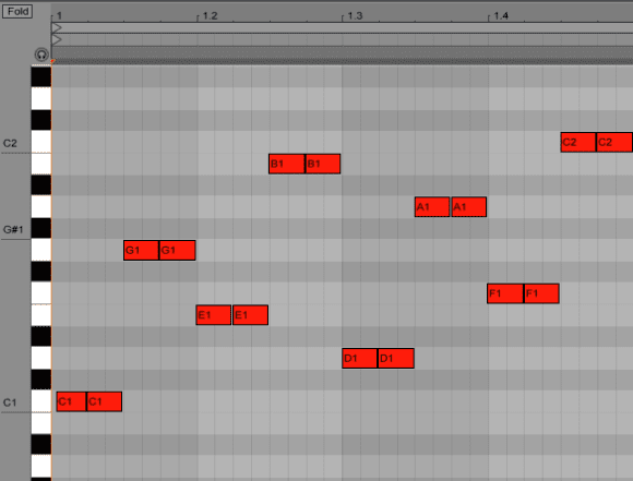 Dieses Pattern ergibt sich aus der Melody-Einstellung C01, C02, C04, OFF.