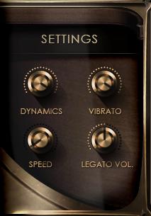 Bei den Legato Streichern lassen sich auch Speed, Vibrato, Legato Lautstärke und die Dynamik editieren.